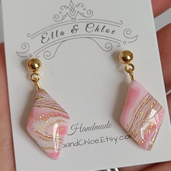 Boho Gold Ball Resin Pink Agate Gemstone Inspired Diamond Drop Dangle Earrings - Picture 6 of 6